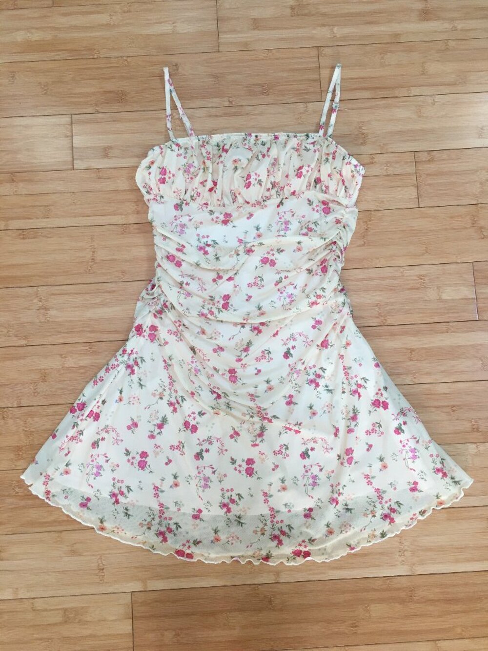 NWOT SHEIN Yellow Floral Print Ruched Bust Cami Dress